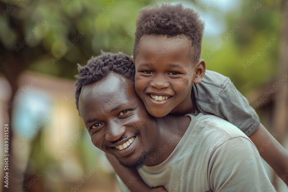 Portrait of happy father and son smiling at camera in the park. Portrait of happy father and son smiling at camera in the park.