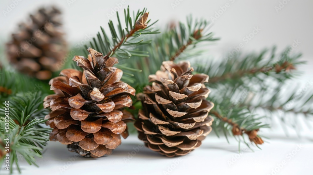 Pine Cones: Tree Branch with Green Cones on White Background Pine Cones: Tree Branch with Green Cones on White Background