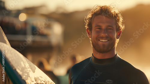 Smiling white male surfer, copy space photo