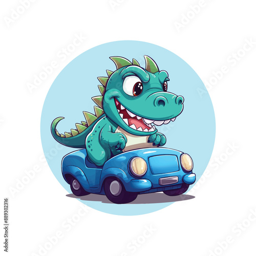 mascot of a cute dino driving a car