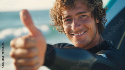 White male surfer smiling and giving a thumbs up  photo