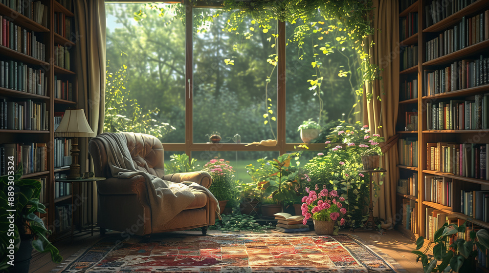 Bright Reading Nook with Comfy Armchair & Bookshelves in Sunlit Room with Greenery
Bright Reading Nook with Comfy Armchair & Bookshelves in Sunlit Room with Greenery