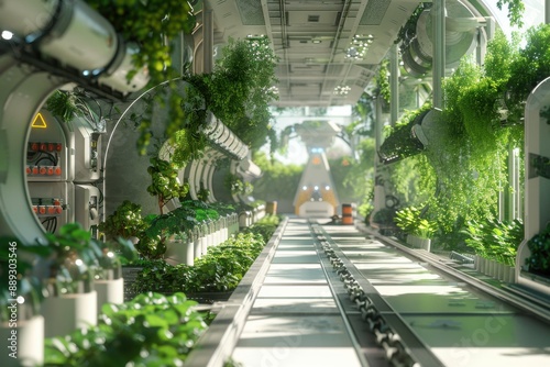 A futuristic farm with automated harvesting robots photo