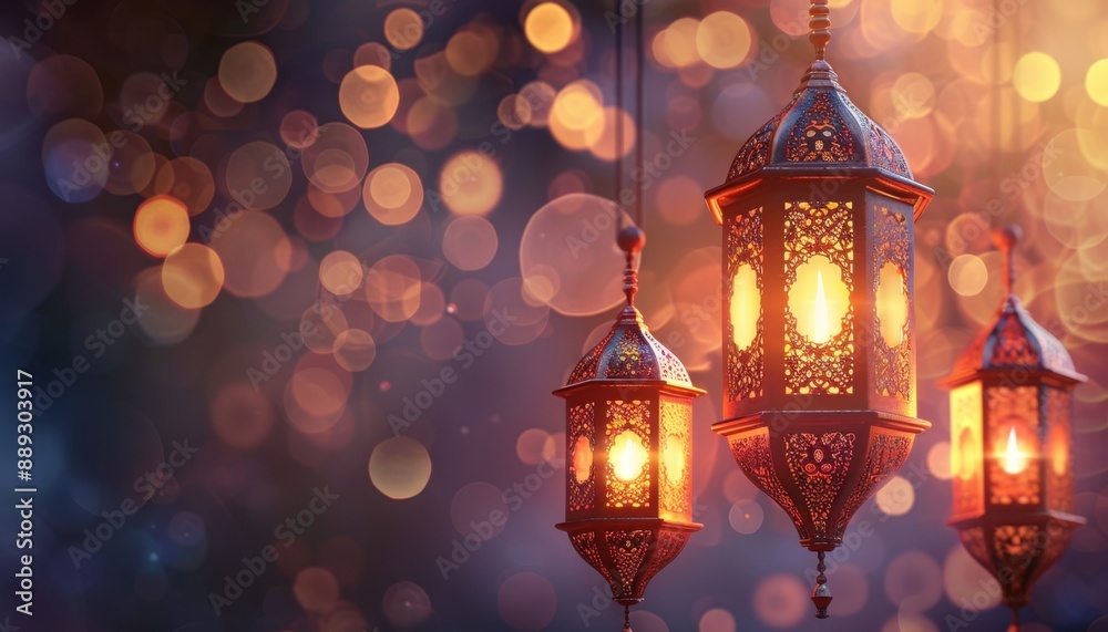 Ornate Lanterns Glowing Against Blurred Lights in the Evening Ornate Lanterns Glowing Against Blurred Lights in the Evening