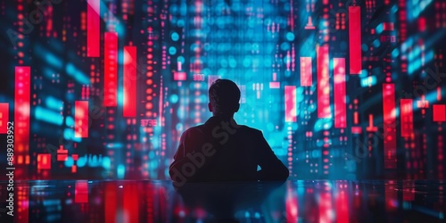 Stock market graph with red and blue candles, rising trend lines, candlestick patterns, out-of-focus businessman at desk, digital financial charts, double exposure style, cinematic lighting