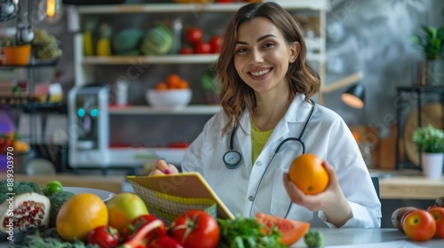 Smiling nutritionist holding an orange and using a tablet in a modern kitchen. Professional dietitian promoting healthy eating and lifestyle. Image illustrates nutrition and medical advice. AI photo