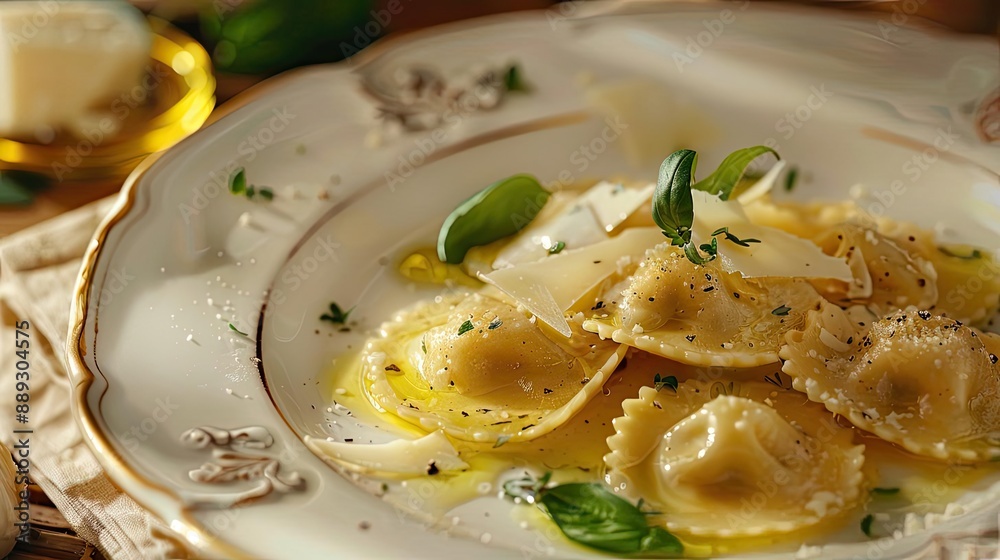 Delicious plated ravioli pasta topped with cheese and herbs on a decorative plate, accompanied by fresh basil and a slice of Parmesan cheese. Delicious plated ravioli pasta topped with cheese and herbs on a decorative plate, accompanied by fresh basil and a slice of Parmesan cheese.