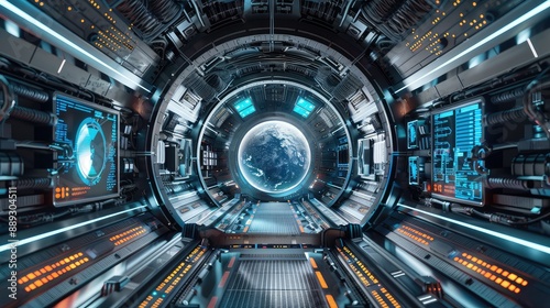 Fototapeta Naklejka Na Ścianę i Meble -  Futuristic Space Station Corridor with Earth View