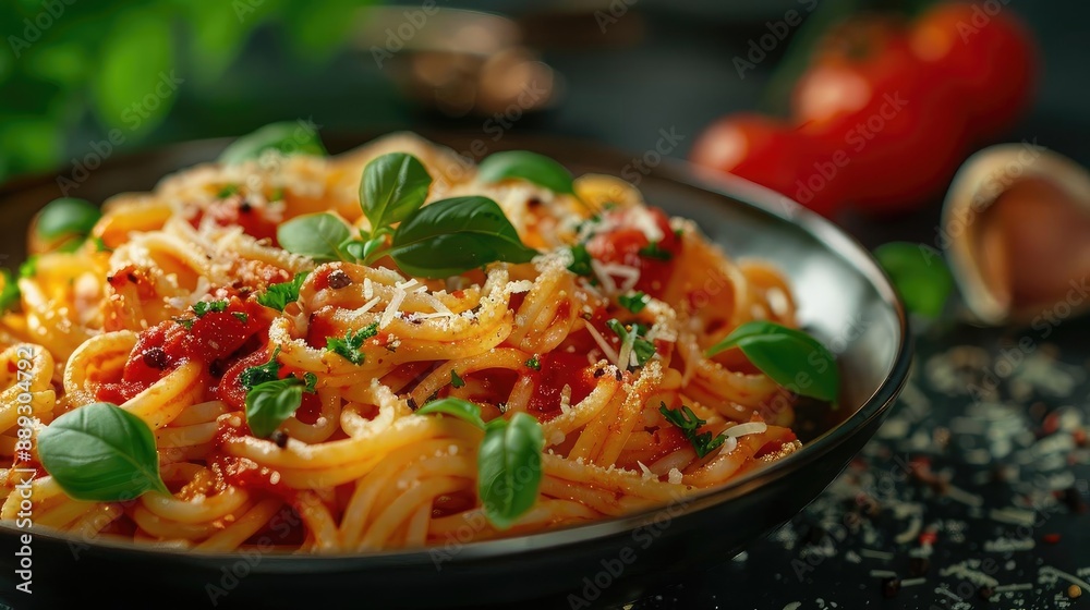 Delicious bowl of spaghetti pasta with tomato sauce, fresh basil, and grated cheese. Perfect Italian cuisine for culinary enthusiasts. Delicious bowl of spaghetti pasta with tomato sauce, fresh basil, and grated cheese. Perfect Italian cuisine for culinary enthusiasts.