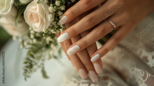 Bride's hands with elegant white manicure and wedding ring