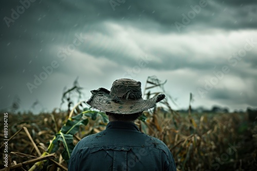 A worn-out farmer, with his back to the camera, gazes at a stormy field with broken crops, representing the struggle and commitment of rural life amidst adversity.