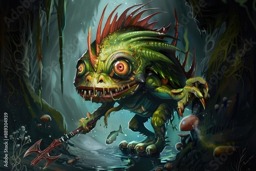 murloc, fishy skin, murloc lives in water, crocodile eyes, insane huge smile little open mouth with crocodile teeth, near a weapon, and trident with fish on top, murloc body dark green, dark red fins  photo