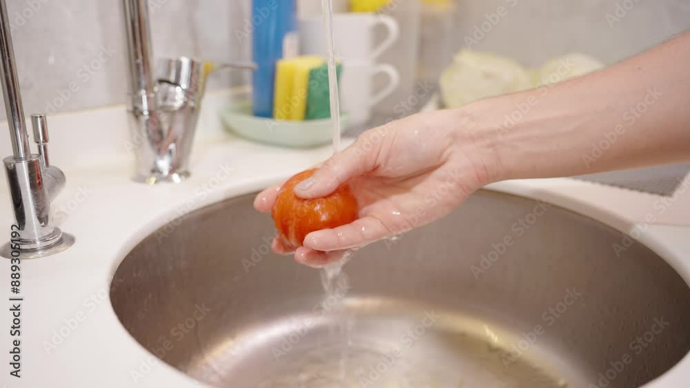 Running Water Over a Tomato, Ensuring It Clean for Cooking. Running Water Over a Tomato, Ensuring It Clean for Cooking.