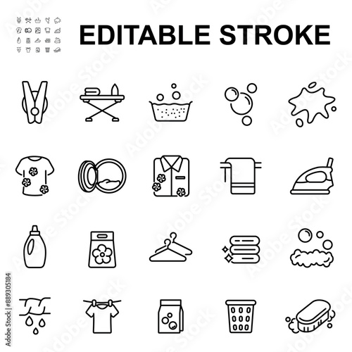Laundry and Wash vector line icon set.