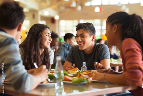 Teenagers enjoy their time together at a school cafeteria, chatting and laughing over lunch. 