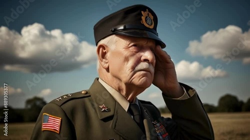Senior Military Man in Uniform Saluting with American Flag on Sleeve