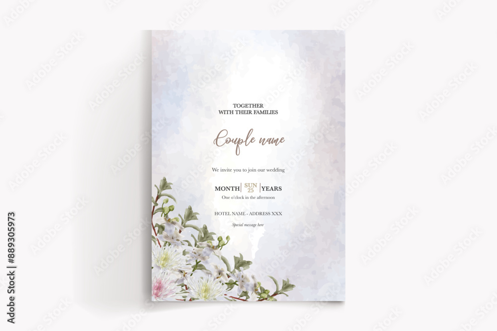 WEDDING INVITATION FRAME WITH FLOWER DECORATIONS AND FRESH LEAVES