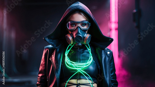 Fashion cyberpunk girl wearing a gas mask and leather jacket with hoodie cyberpunk futuristic dystopian