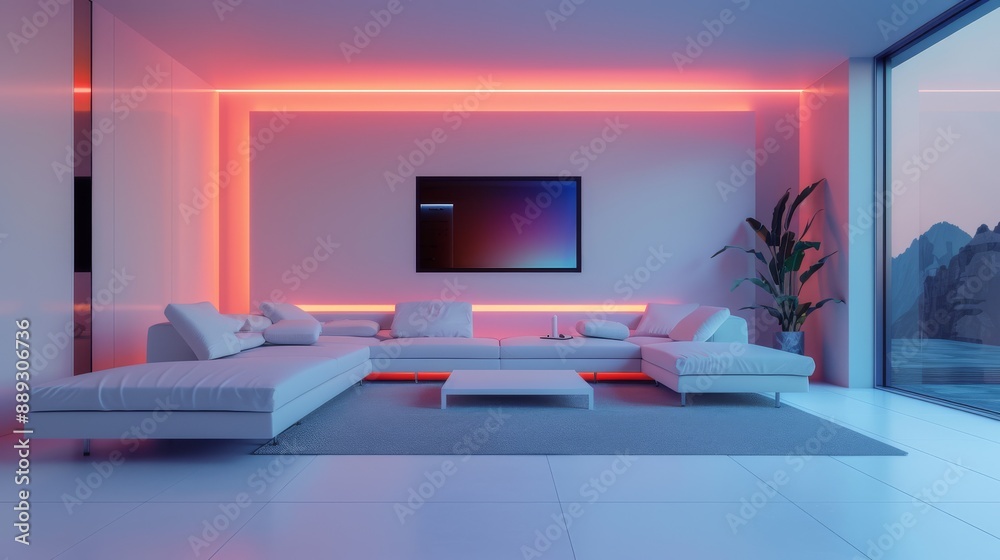 Futuristic living room with holographic control panels floating in the air, smart appliances seamlessly integrated into sleek furniture, and ambient lighting responding to inhabitants' movements Futuristic living room with holographic control panels floating in the air, smart appliances seamlessly integrated into sleek furniture, and ambient lighting responding to inhabitants' movements