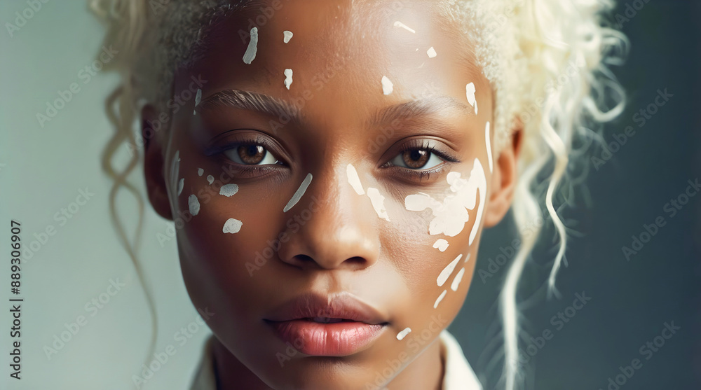 Portrait of beautiful African American female albino model, white Afro, fashion and lifestyle, diversity, people background