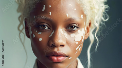 Obraz na płótnie Portrait of beautiful African American female albino model, white Afro, fashion and lifestyle, diversity, people background w salonie
