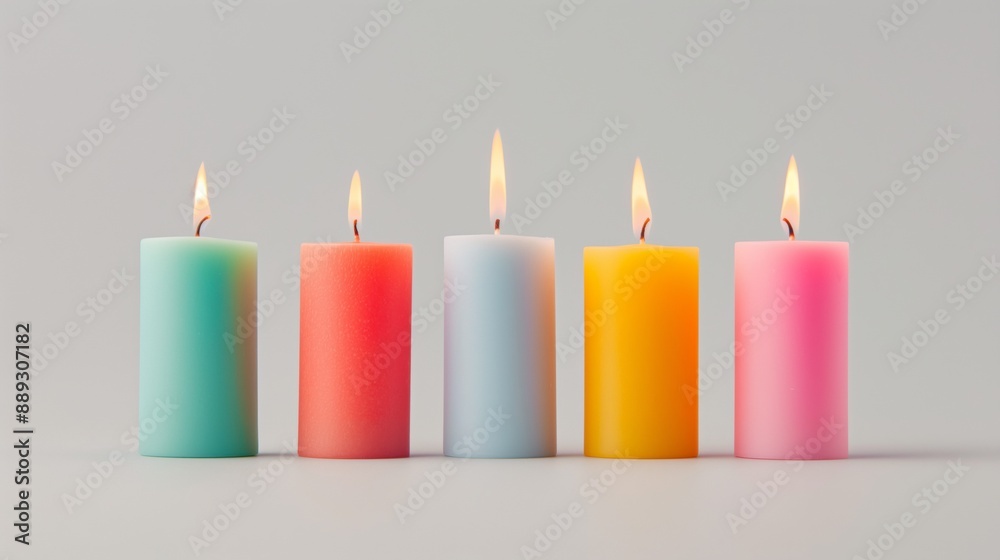 Five colorful candles burning on a grey background.