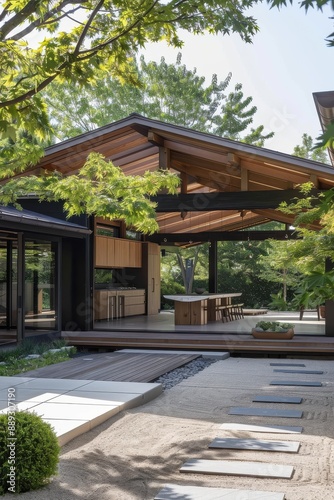 Modern Japani Architecture exterior Truss Interior. One level , flat roof Japandi style (Japanese and Scandi) refers to a fusion of traditional Japanese and Scandinavian styles photo