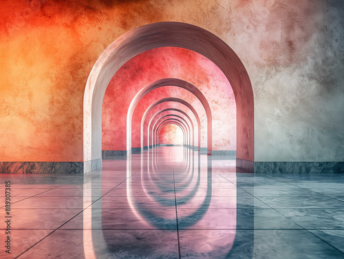 Colorful Abstract Architectural Corridor with Reflective Arched Pathway and Gradient Textured Walls Creating Infinite Perspective in Modern Design
