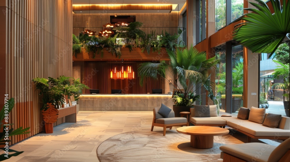 Obraz premium best modern hotel lobby design , stunning tropical hotel lobby ideas , luxurious hotel lobby with tropical decor