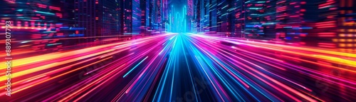 Aerial view of a drone racing competition in a futuristic cyberpunk city, neon lights, vibrant colors, dynamic movement