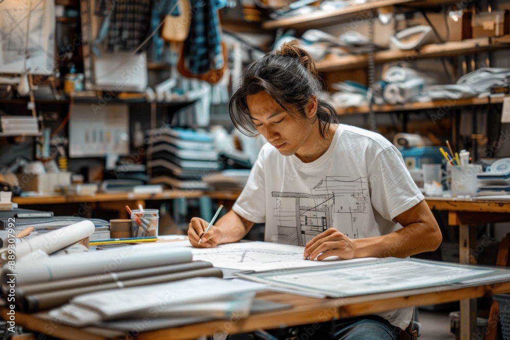 The kite designer is engrossed in sketching new kite designs at a large drafting table. Various pencils, rulers, and reference books are scattered around, showcasing the detailed planning involved in