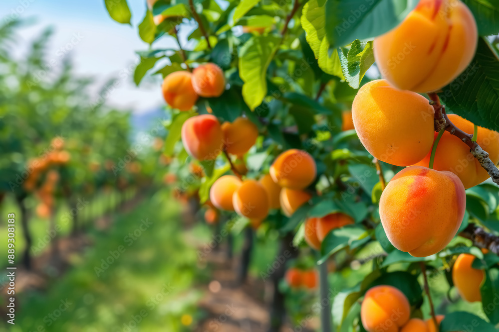 Beautiful orchard with ripe apricots hanging on trees Beautiful orchard with ripe apricots hanging on trees