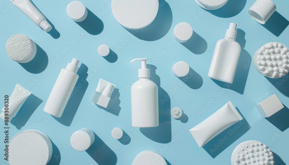 White Beauty Products Arranged on Blue Background