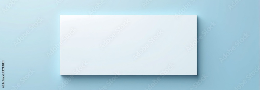 Empty white greeting card isolated on light blue background with blank space. Elegant solid color mockup template. Premium pastel wallpaper. Flat lay, top view, with place for text. 