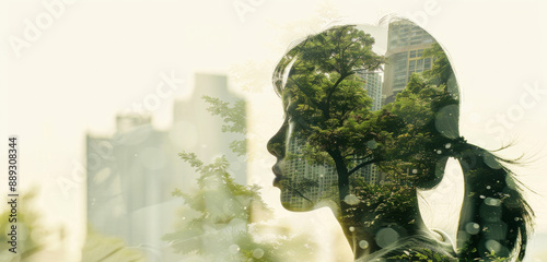 Double Exposure Portrait of a Woman With Trees and Cityscape photo