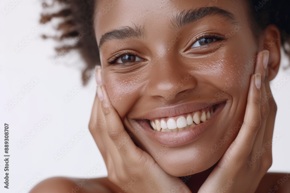 For healthy skin, radiance, or treatment on blue background, woman's smile and hands on face in studio. Beautiful woman with luxury hydrating cosmetics, lip gloss, or makeup.