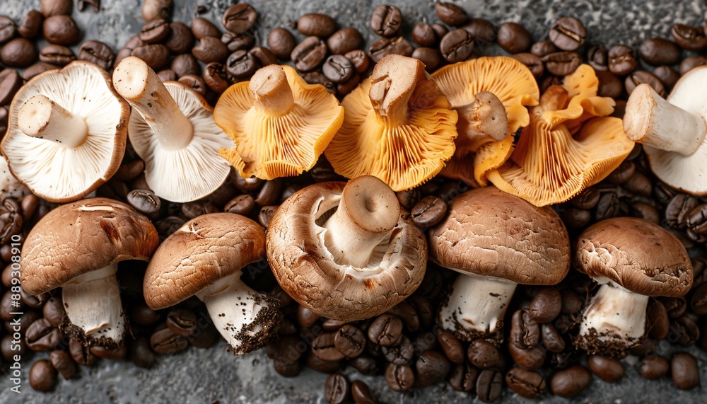 Blend of Coffee Beans and Mushrooms, Popular Superfood Background Blend of Coffee Beans and Mushrooms, Popular Superfood Background