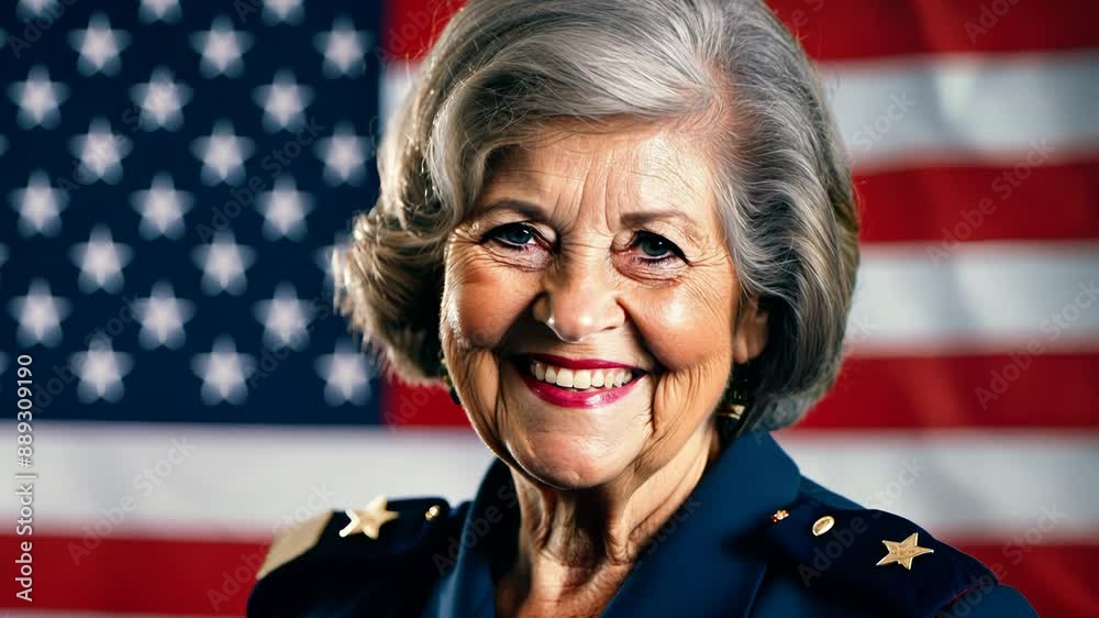 Smiling senior woman in military uniform with American flag background for veteran day Smiling senior woman in military uniform with American flag background for veteran day