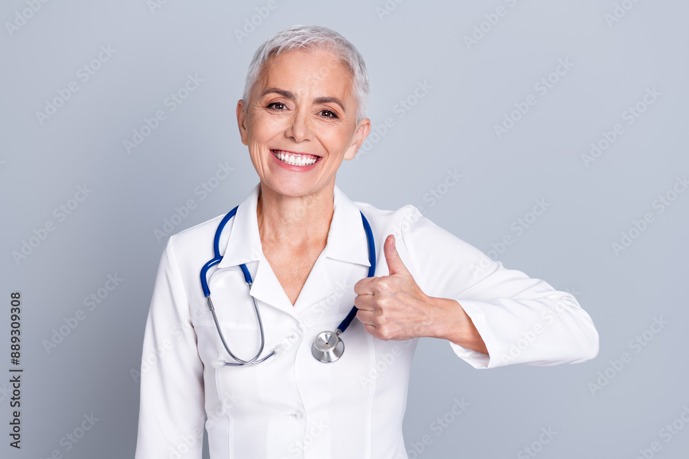 Photo of charming senior lady specialist doctor surgeon wear white robe thumb up sign isolated on grey color background Photo of charming senior lady specialist doctor surgeon wear white robe thumb up sign isolated on grey color background