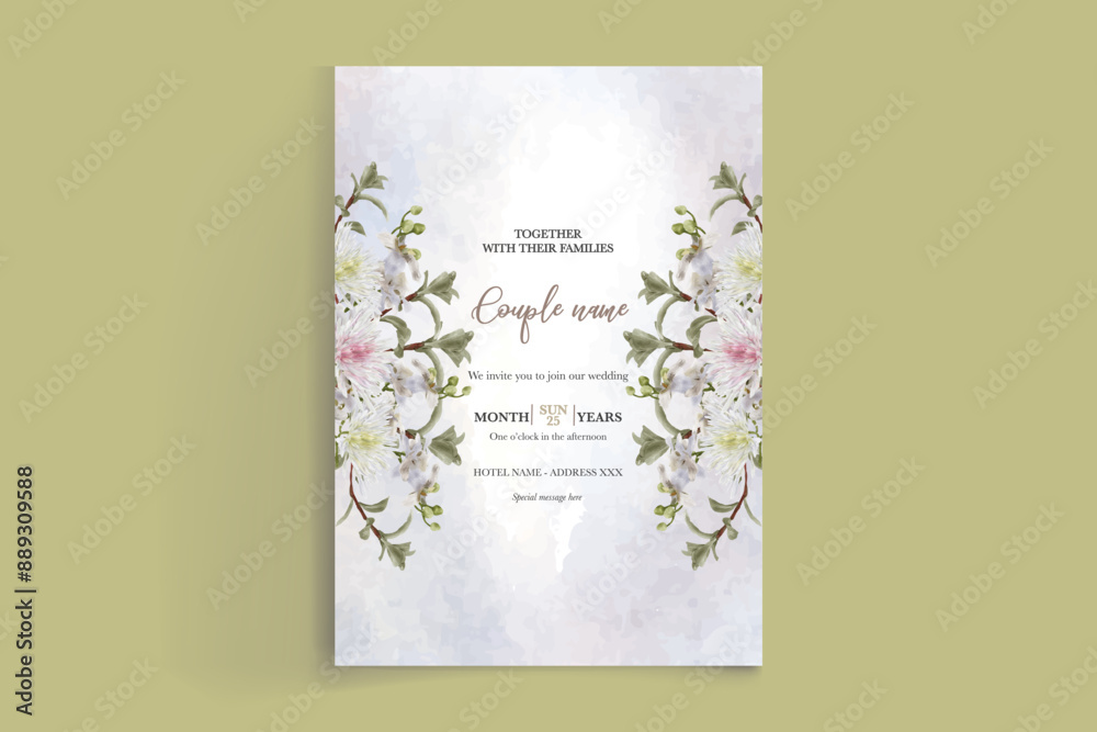 WEDDING INVITATION FRAME WITH FLOWER DECORATIONS AND FRESH LEAVES WEDDING INVITATION FRAME WITH FLOWER DECORATIONS AND FRESH LEAVES
