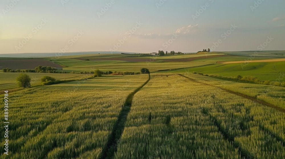 Aerial view of rolling hills and farmland at sunset Aerial view of rolling hills and farmland at sunset
