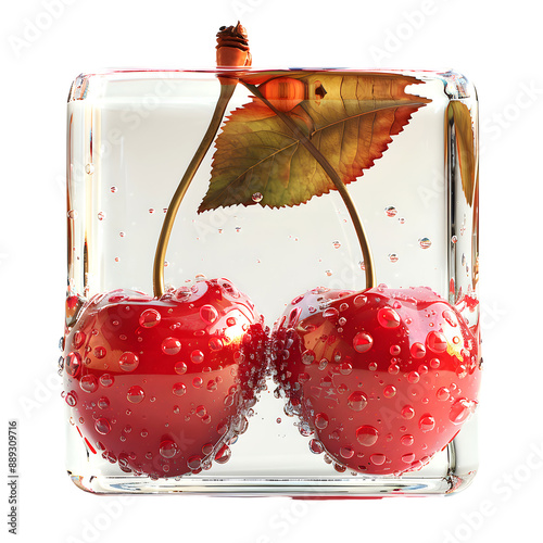 cherry fruit ice cube isolated on transparent background
