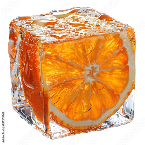 orange fruit ice cube isolated on transparent background