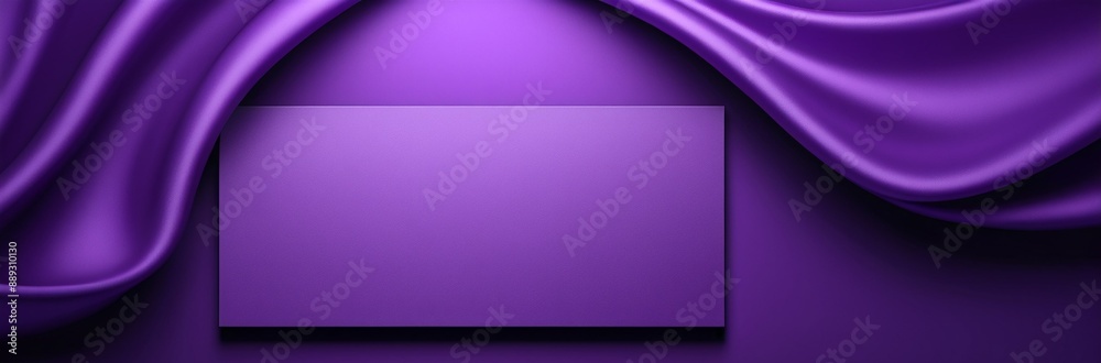 Obraz premium Luxury empty purple mockup background with silk. Purple card backdrop framed by fabric. Elegant colorful template. Bright abstract gradient wall. With copy space, place for text.