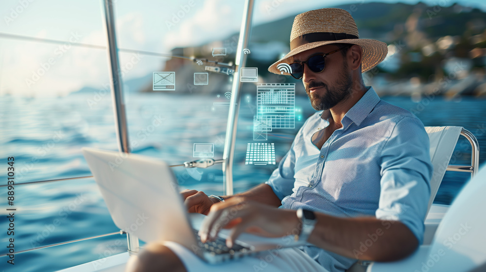 Luxury Yacht Experience with Executive in Designer Swimwear Typing on Laptop, Crystal-Clear Waters, and Hologram Icons Floating Around in High-End Environment Luxury Yacht Experience with Executive in Designer Swimwear Typing on Laptop, Crystal-Clear Waters, and Hologram Icons Floating Around in High-End Environment