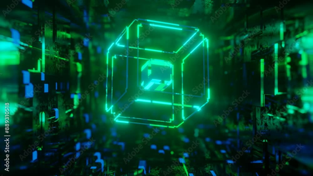 3d object or structure rotates and moves inside glass mirror tunnel with neon light, bright reflections. Fantastic abstract bg looped in 4k. Vj loop for show. Sci fi bg fly through hi tech tunnel