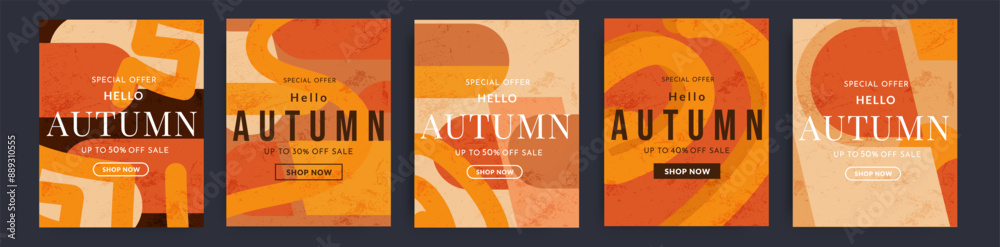 Fototapeta premium Autumn. Trendy Abstract Gradient Design in Retro Style from the 80s-90s. Modern Geometric Background Patterns for Advertising, Web, Social Media, Posters, Banners, Covers. Sale Offer 30-50%. 
