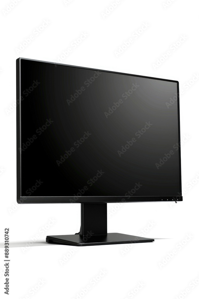 A black computer monitor sits on a clean white surface A black computer monitor sits on a clean white surface