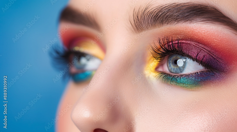 Fototapeta premium Close up of a woman's eye with colorful eyeshadow against a blue background