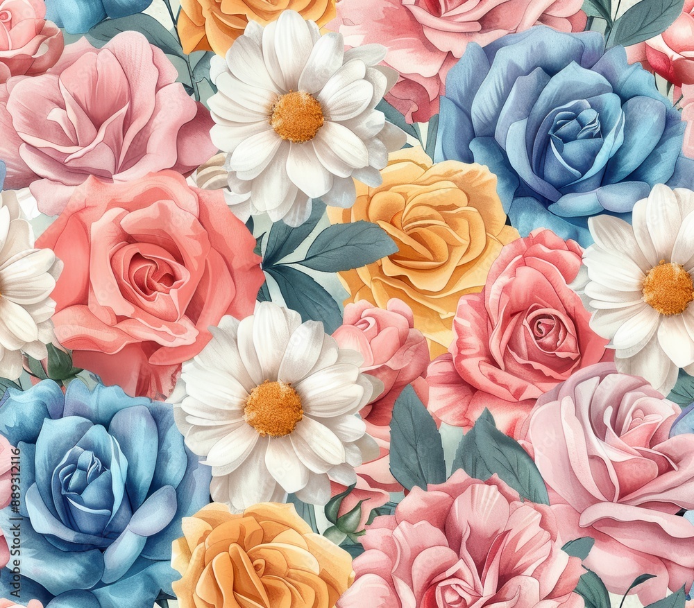 Pastel Garden Soft pastel-colored flowers like roses, daisies, and tulips arranged in a seamless pattern, watercolor Pastel Garden Soft pastel-colored flowers like roses, daisies, and tulips arranged in a seamless pattern, watercolor